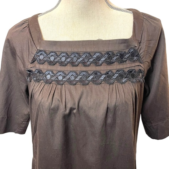 Sandro Paris Brown Black Embroidery Boatneck Elbow Sleeve Cotton Top (4) - Picture 3 of 14